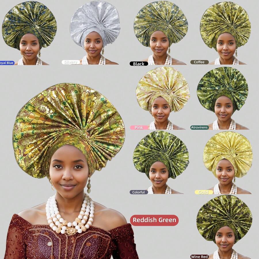 Elegant Fashion Nigerian Gele Headpiece For Women, African Traditional Wrapped Hat With Exaggerated Floral Fabric Braiding, Handmade Folded Flower Fan Layered Hat, Suitable For Wedding, Party And Other Special Occasions Hair Sleep Cap - A - View 1
