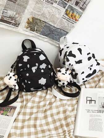 1 pieza Mochila de estilo Harajuku con cierre de cremallera, mochila coreana suave de pana con patrón de vaca súper popular, regalo perfecto para salir de compras, uso diario, viajes