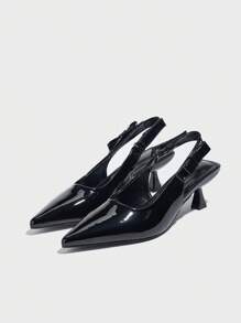 Women's Pointed Toe Stiletto High Heel Slingback Shallow Pumps, Patent Leather, Breathable, Spring/Summer Casual Work Shoes, Bow Decor