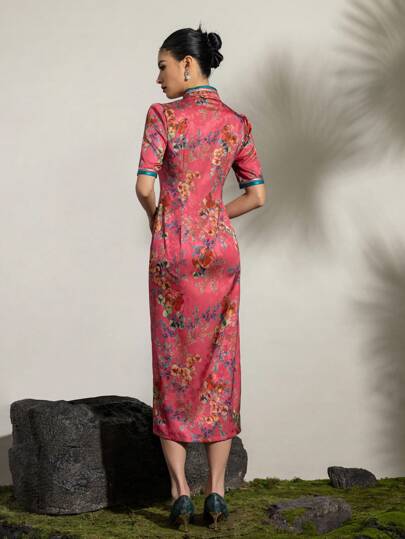 Floral Print Mandarin Collar Chinese Style Cheongsam Dress, Suitable For New Year And Valentine's Day Parties Summer Vacation