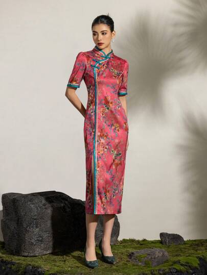Short Sleeves Mandarin Collar Floral Designs New Chinese Style Cheongsam Qipao Dress