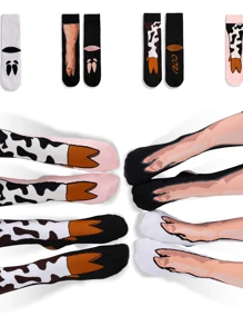 4 pares de calcetines con estampado de huellas de animales, con diseños de patas de vaca, rana, pato y cerdo, calcetines divertidos y novedosos para regalos festivos, calcetines hasta el tobillo unisex para todas las estaciones - Multicolor - Ver 3