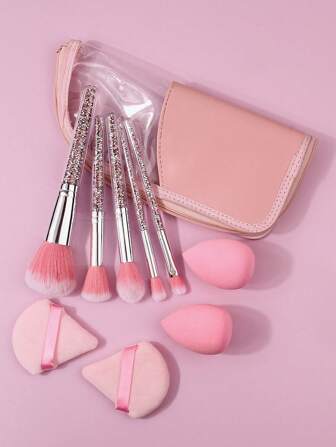10pcs Delicate Makeup Brush Set With Rhinestone Handle, Multi-Purpose Face Brushes, Soft Sponge Puff, Flocked Triangle Powder Puff, Slanted Translucent Storage Bag,Brush Set,Makeup Brush Kit,Make Up Brush Set,Make Up Set Complete,Makeup Brush Set,Complete Makeup Kit,Brush Kit,Brushes Makeup Set,Makeup Gift Set,Set