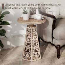 COZAYH Rustic Farmhouse Wooden End Table, Distressed Round Accent Table With Intricate Carved Floral Patterns, Boho, For Living Room, Bedroom, Or Entryway, Distressed Wood Color - distressed wood - 查看 3