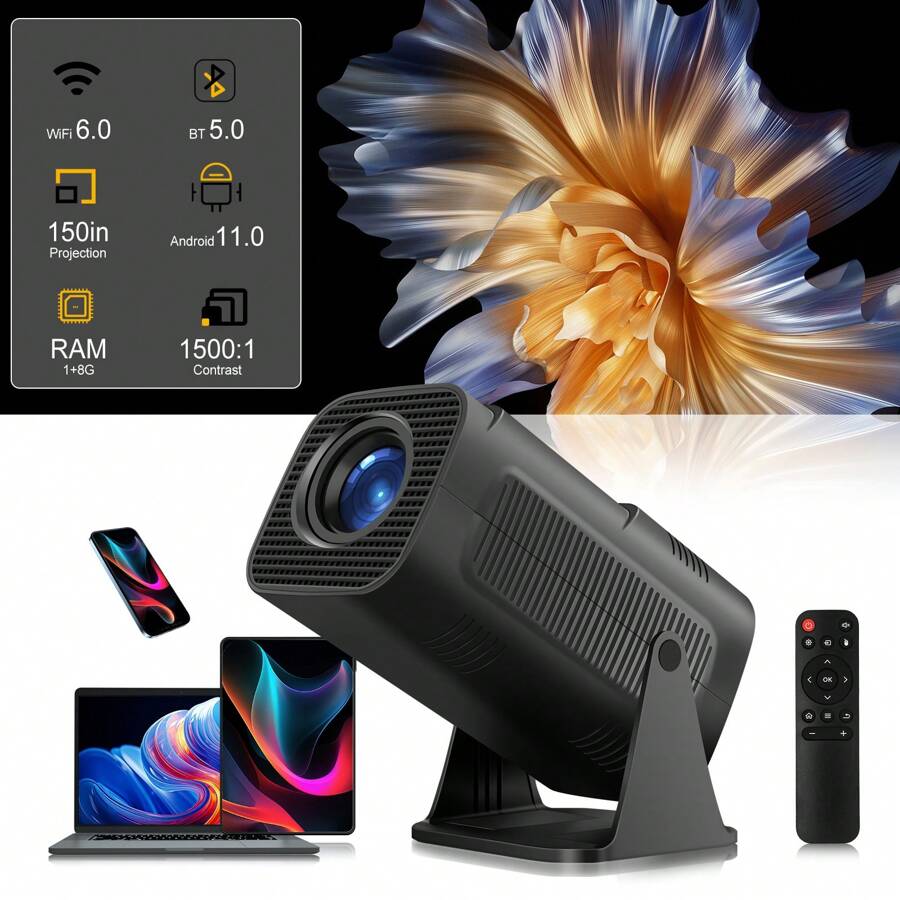 Smart Mini Projector Android 11 Full HD Projector 1080P 4K Support 5G WiFi 6 Bluetooth 5.0 Home Movie Projector 180 Rotating Black - Black - View 1