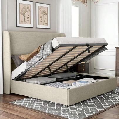 Merluxy Queen/King Size Lift Up Storage Bed Frame With Hydraulic Storage System, Modern Linen Upholstered Platform Bed With Wingback Headboard, No Box Spring Needed