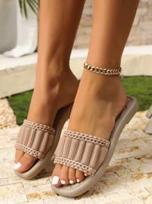 女士时尚厚底编织露趾拖鞋、舒适休闲沙滩凉鞋、家居拖鞋