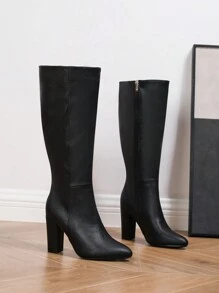 女士加大码高跟及膝靴，时尚粗跟，宽筒，侧拉链，高筒靴，欧美风格，秋冬 - 黑色 - 查看 5