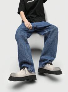 Chaussures derby à bout rond noires pour hommes, chaussures habillées décontractées à semelle épaisse de haute qualité, coupe large au look usé, en denim lavé à l'eau, confortables, avec une semelle extérieure en caoutchouc antidérapante et