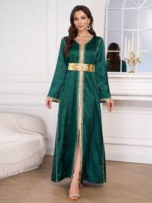 Elegant Women's Spring/Summer V-Neck Long Sequin Splicing Slit Dress With Detachable Belt - Green - View 5