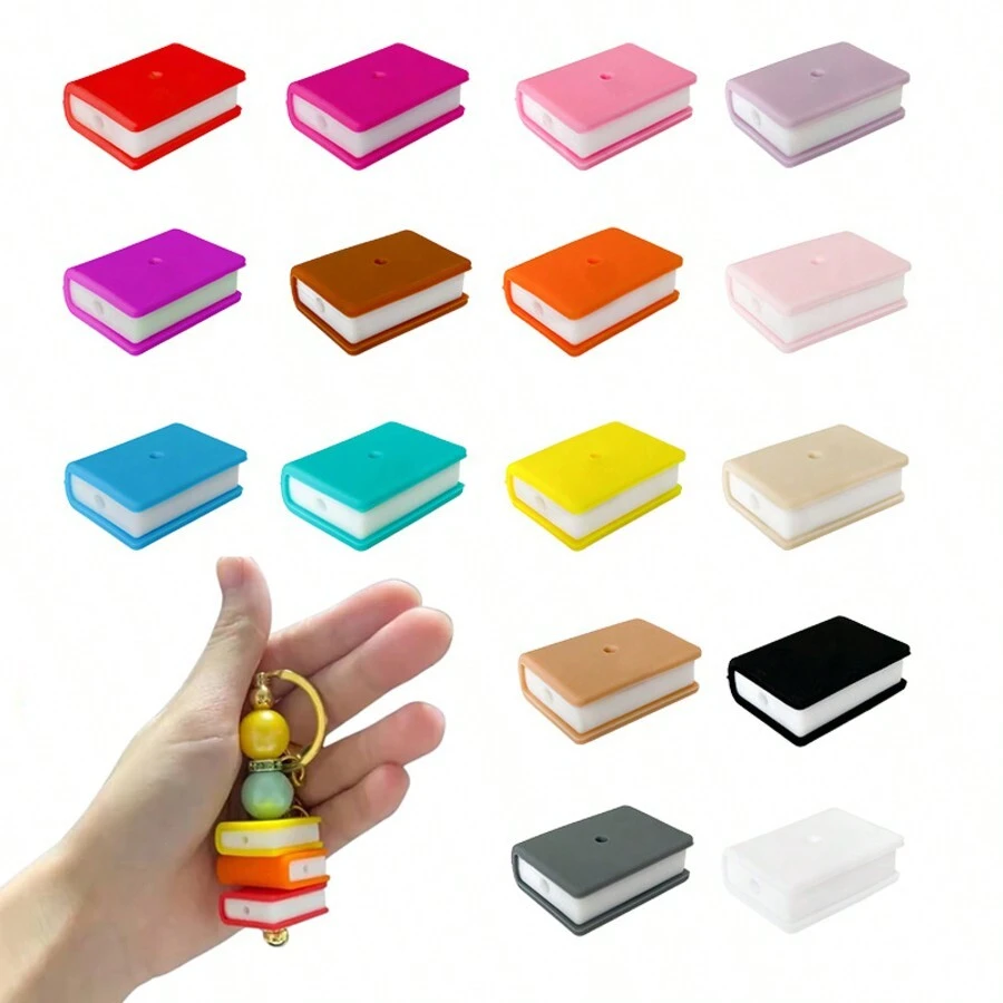 16pcs/Set Book-Shaped Silicone Beads, Silicone Focus Beads, Stacked Book-Shaped Rectangular Cartoon Silicone Beads, Silicone Bead Accessories, Pen Holder Silicone Asymmetric Beads, Silicone Letter Beads, Loose Rubber Silicone Beads, Key Chain, Necklace, Bracelet, Lanyard Making, 16 Colors