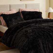 Shaggy Faux Fur 2/3 Pieces Bedding Comforter Set,Modern Casual Ultra-Soft Fluffy With Matching Sham,All-Season Home Textile For Contemporary Bedrooms,2-Piece Set For Twin/Twin XL Size,3-Piece Set For Full-Queen-King-Cal King Size,UGG & Labubu Touch,Halloween Christmas Thanks Giving Gifts - Black - View 6