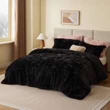 Shaggy Faux Fur 2/3 Pieces Bedding Comforter Set,Modern Casual Ultra-Soft Fluffy With Matching Sham,All-Season Home Textile For Contemporary Bedrooms,2-Piece Set For Twin/Twin XL Size,3-Piece Set For Full-Queen-King-Cal King Size,UGG & Labubu Touch,Halloween Christmas Thanks Giving Gifts - Black - View 5