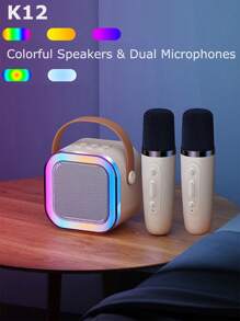 Altavoz portátil Bluetooth K12 con 2 micrófonos de karaoke, batería integrada, entrada AUX/tarjeta TF/USB, luces ambiente de colores, adecuado para reuniones interiores, campamento al aire libre y canto
