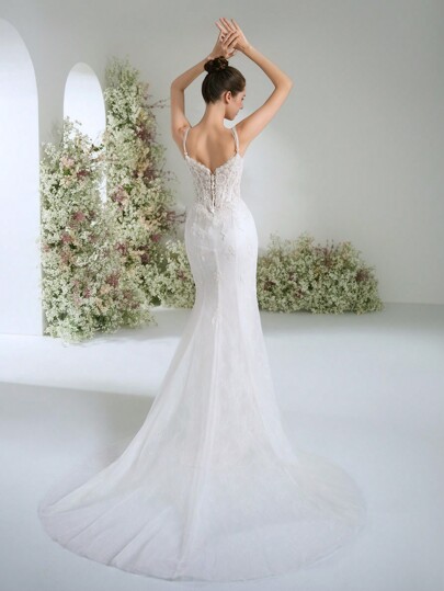 Spaghetti Strap Sweetheart Neckline Lace Sequins Ethereal Elegant Romantic Luxurious Train Haute Couture Opulent Garden Mermaid Wedding Dress Bridal,Bride