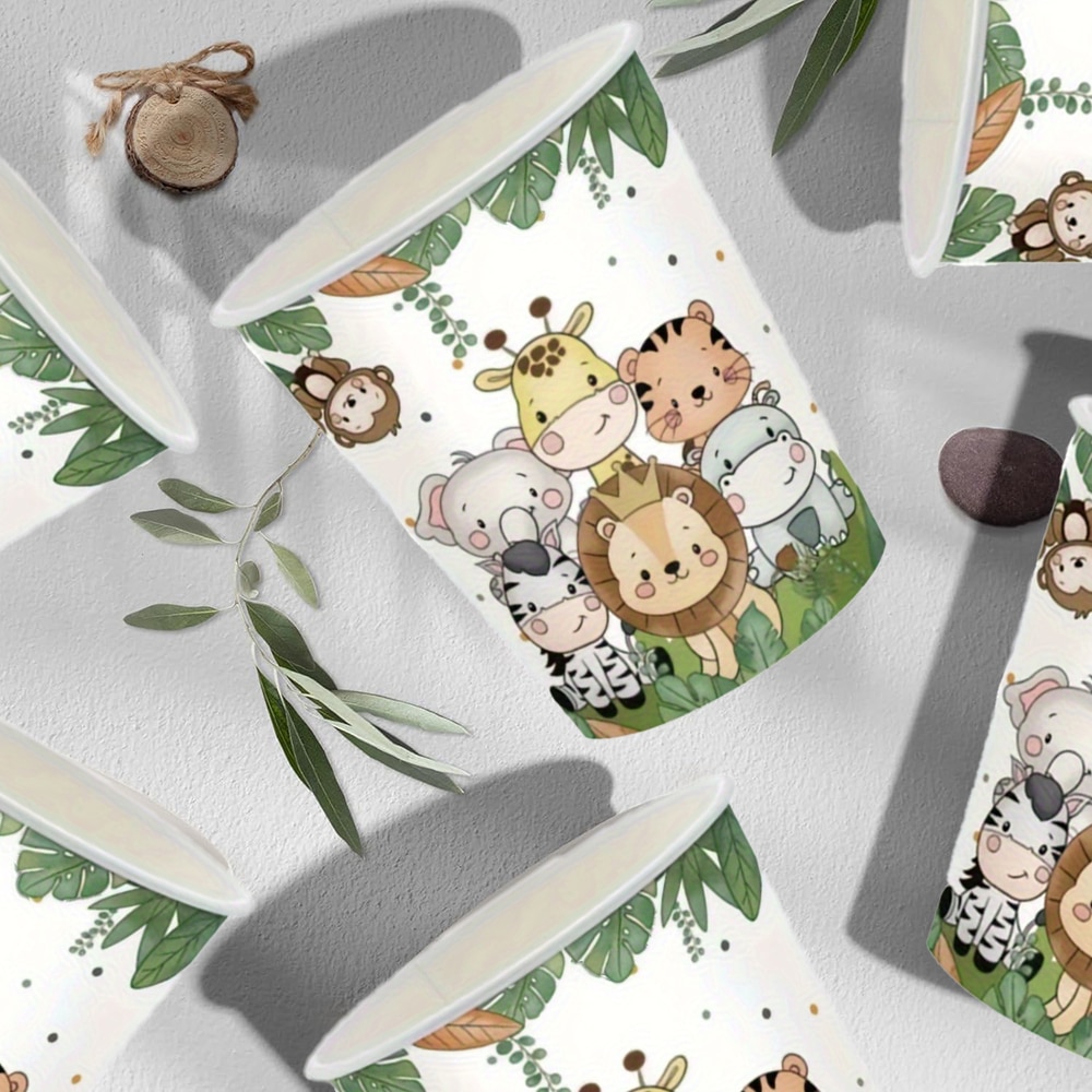 10/20pcs Jungle Animal Themed Party Cups, Cartoon Forest Animal Pattern Disposable Party Paper Cups, Suitable For Birthday Party, Family Gathering, Classmate Reunion, Outdoor Picnic