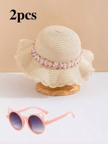 1/2pcs Children's Sun Hat, Girls' New Summer Straw Hat, Baby Travel Sun Ion Beach Hat, Fresh Bucket Hat, Cute European And American Cat Eye Glasses, Children's Fashionable Glasses
