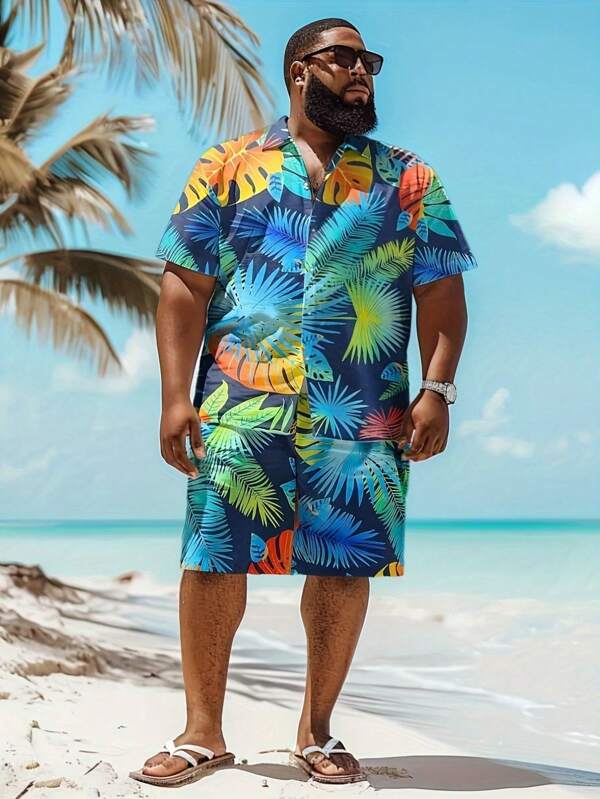 1 Set Plus Size Heren Digitale Print Shirt En Shorts Set, Casual Strand Outfit