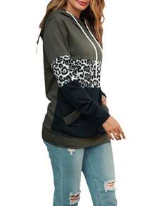 Women Spring Sweatshirt, Leopard Print Splicing Hooded Long Sleeves Pullover With Pockets For Girls, Army Green - Army Green - View 3