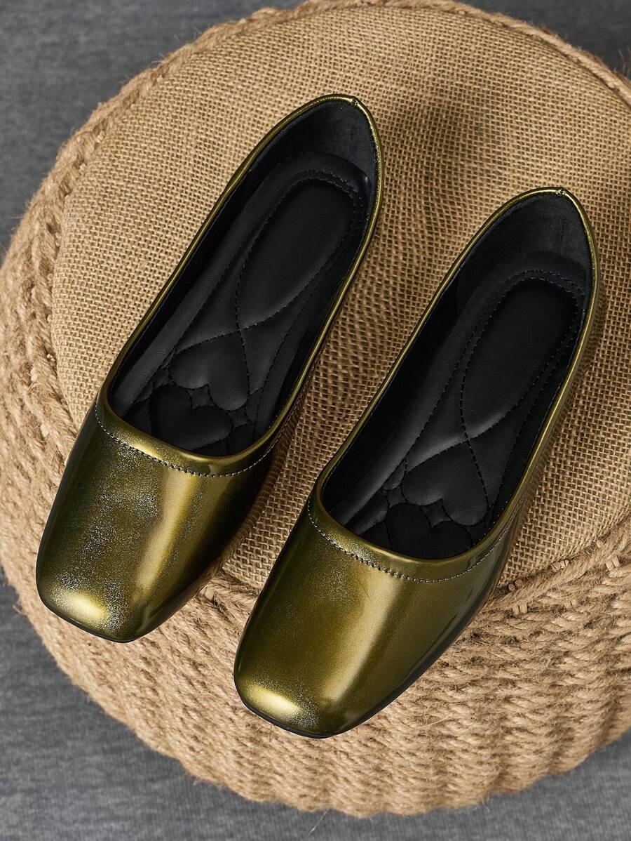 Women's Fashion Square Toe Slip-On Shoes, Bronze Color Casual Comfortable Flats For Office, Outdoor Activities, Spring/Autumn - Bronze - View 1