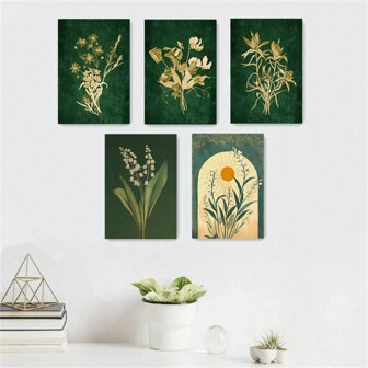 1pc Self Adhesive Boho Emerald Green Lily Of The Valley Botanical Canvas Posters Prints Aesthetic Sunshine Flowers Wall Arts Paintings For Living Room Decor Self-Adhesive Design, Easy To Install﻿
