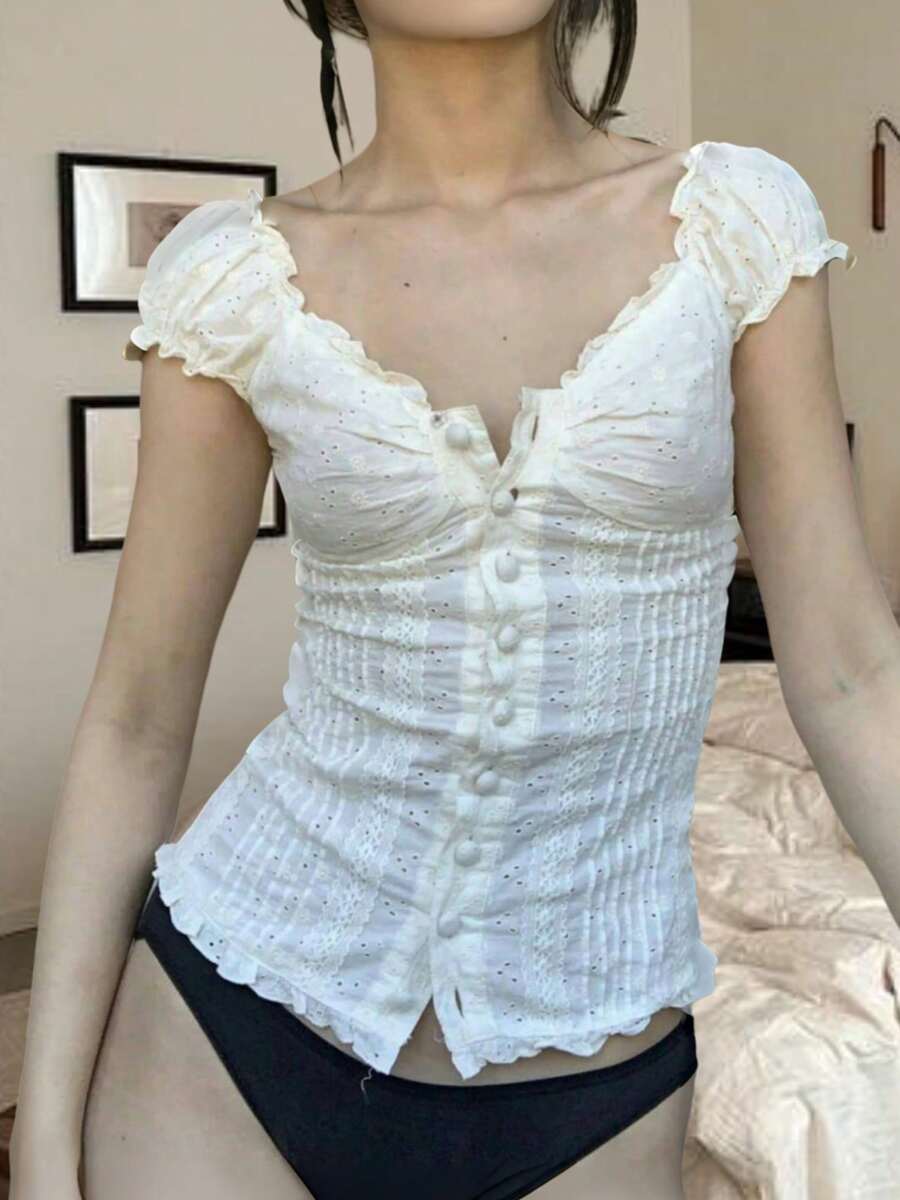 Women Y2K Fairy Grunge Shirts Puff Short Sleeve V-Neck Ruffle Crop Top Summer Button-Down T-Shirts Blouses E-Girls Aesthetic Tees Tops Clothes