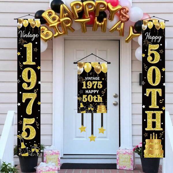 3 Stücke/Set 50. Geburtstag Fröhlicher Veranda Banner, Polyester, 1975 Schwarz & Gold Kuchen Feuerwerk Muster Veranda Hänge Dekoration, geeignet für Partyfeiern drinnen und Outdoor, Wohnzimmer Wanddekoration