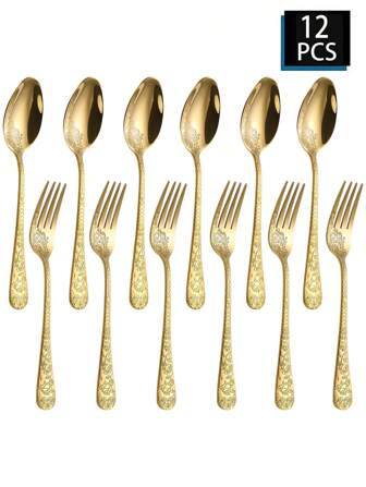 2/4/6/8/12/24pcs Stainless Steel 1010 Embossed Reusable Forks And Spoons, Suitable For Western Meals, Pasta, Salad, Fruit, Cake And Desserts, Applicable For Home Kitchen, Afternoon Tea, Wedding Party, Picnic
