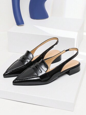 Czarne nowe buty damskie z szpiczastym noskiem i niskim obcasem, z odkrytymi plecami i wzorem Niche Design, w stylu brytyjskim