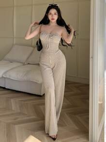 abyoxi 杏色性感不对称扭结系带露脐上衣和阔腿裤休闲套装，两件套，条纹提花面料，适合年轻时尚达人，打造活力时尚的通勤休闲造型，春夏新款女装 - 杏色 - 查看 4