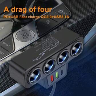 1 个黑色 ABS 2USB&PD 车载充电器，4 个端口，QC3.0 超级快速充电，12-24V 适用于所有车辆，7 个插槽