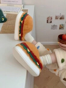 男士休闲可爱汉堡趣味设计毛绒保暖拖鞋，秋冬季室内家居拖鞋