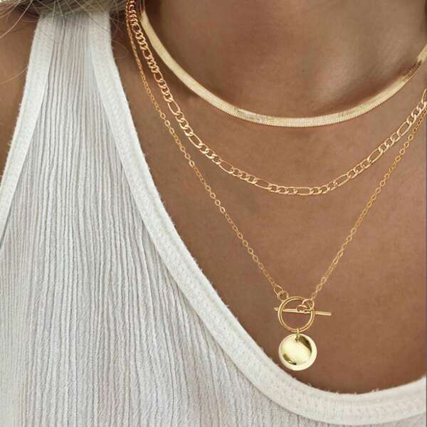 17KM 1pc Fashionable Minimalist Coin & Snake Bone Decor Multi-Layer Necklace, Versatile For Daily, Party, Dating, Gift