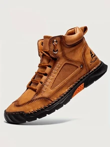 男士户外休闲运动鞋，系带皮革鞋面，复古缝制手工高帮徒步靴