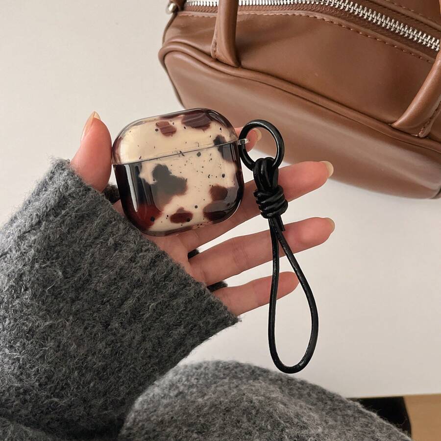 Black & Brown Cow Print Splash Ink Semi-Transparent Earphone Case + Lanyard Set, Compatible With Apple Pro 3/Pro 2/Pro/ 4/3/2, Protective Film To Be Removed Before Use - Black - View 1