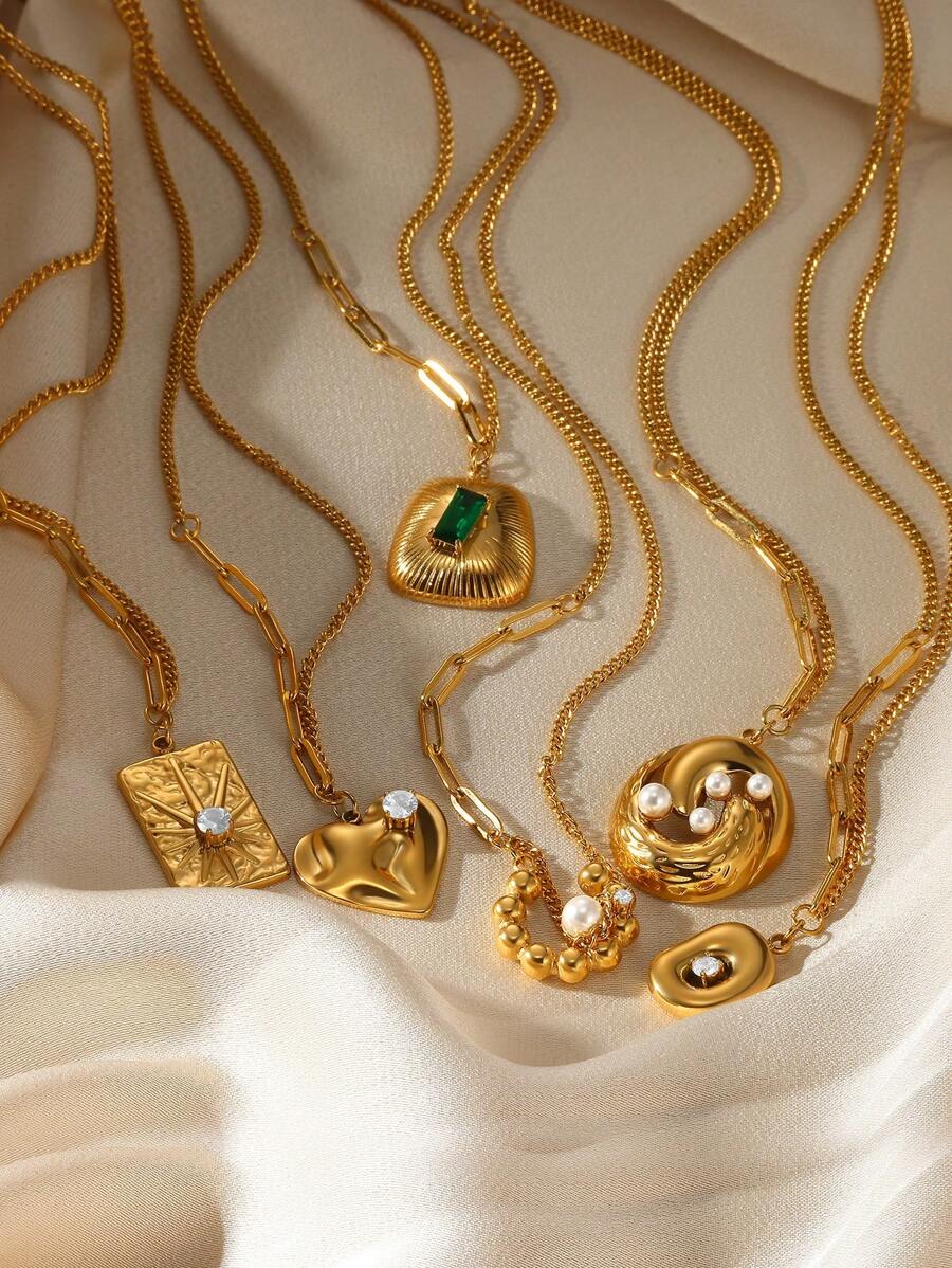 1 pieza Collar de cadena de suéter de acero inoxidable con corazón geométrico cuadrado de perla y circonita en estilo vintage europeo y americano, accesorio de joyería de lujo para hombres y mujeres como regalo