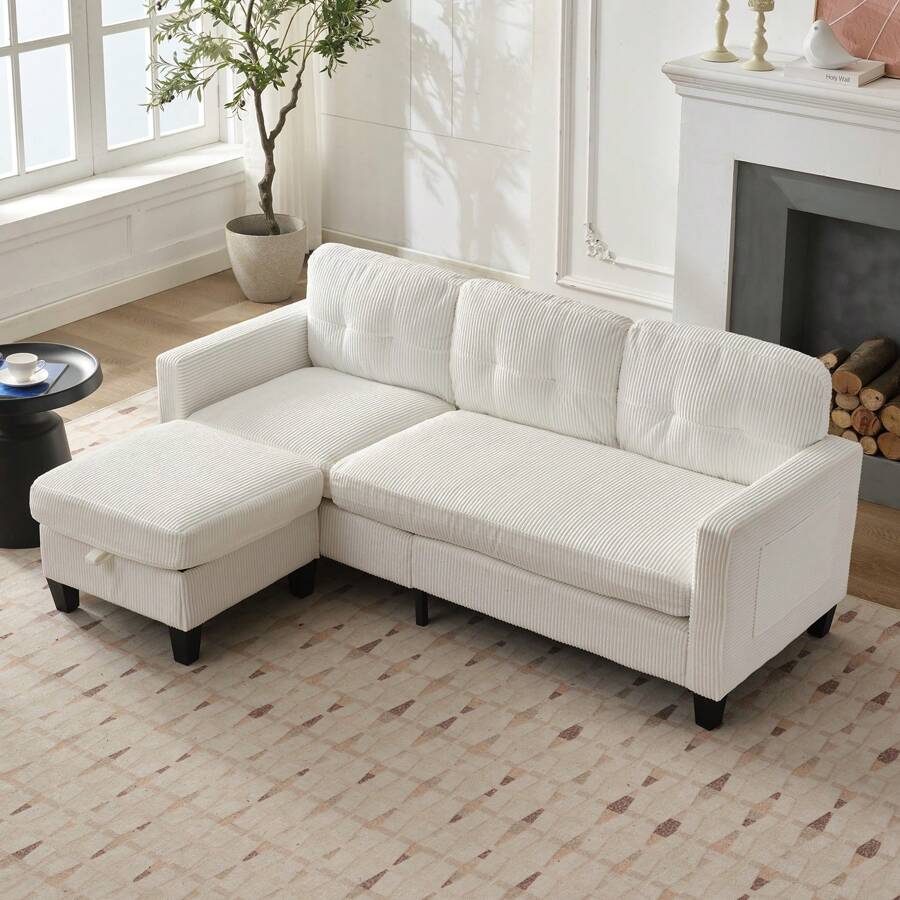 Modern L Shaped Small Sofa Couch,3-Seater Corduroy Sectional Sofa With Storage Ottoman For Living Room, Apartment And Office - Beige - View 1