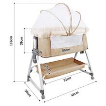 Night Bed 80x40cm, Extendable Side Bed, Collapsible Baby Cradle Cododo, 6-Way Height Adjustable And Mobile With Wheels, Lower Storage Basket, A-Shaped Feet, Mosquito Net, Side Zipper Can Be Completely Lowered, 360 Degree Rotating Wheels, Gray / Beige - 米色 - 查看 7