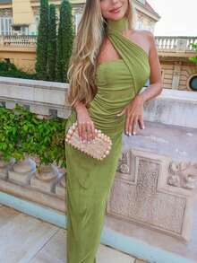 女式无袖褶皱修身长裙，夏季 - 綠色 - 查看 10