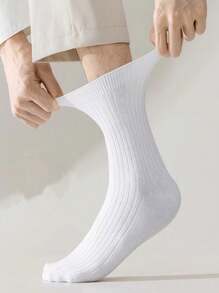 5 Pairs White Vertical Striped Mid-Calf Socks, Unisex One Size Fits Most Long Socks, Fall