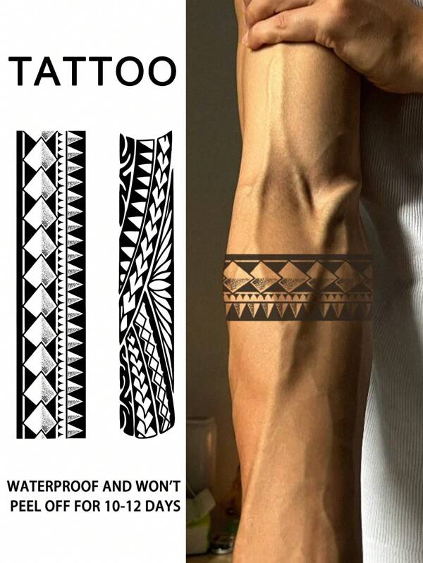1Pc Geometric Stripe Temporary Tattoos Waterproof Sweatproof Last For 1-2 Weeks Realistic Herbal Juice Anti-Friction Non-Reflective Faux Black Fake Tattoos For Woman And Men Tattoo Stickers For Arm, Chest, Leg, Abdomen, Waist Modernist Body Art