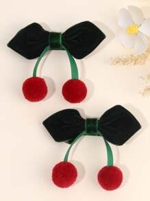 2 piezas Lazos de terciopelo para el cabello de niña, lindos lazos con acento de pompón rojo, tela de terciopelo roja/verde oscuro/negra a juego, adorables pasadores para el cabello, fiestas festivas, atuendos de invierno, clips con estilo alegre - se mantienen firmes en su lugar para la escuela, reuniones familiares, atuendos de otoño