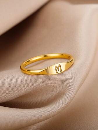 1 anillo de alfabeto de acero inoxidable dorado de moda Simple de estilo europeo y americano para hombres y mujeres, uso diario