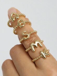 泡泡可爱 26 个字母戒指女士气球镀金锆石 A-Z 字母开口可调节戒指美观婚礼珠宝礼物 - 金色 - 查看 2