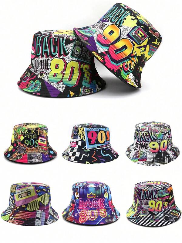 Unisex Fashion Retro 90s 80s Pattern Reversible Bucket Hat, Vintage Streetwear Casual Bucket Hat