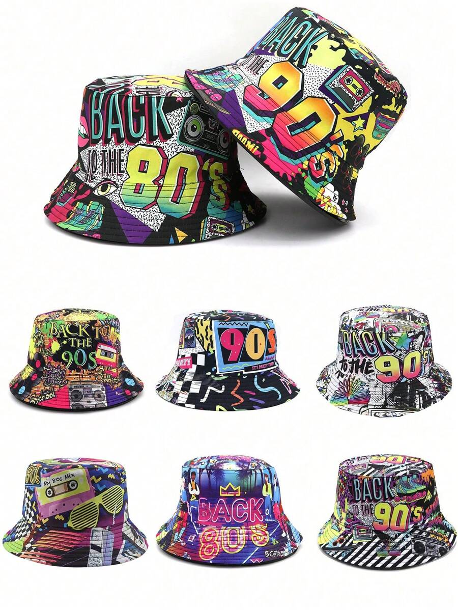 Cappello a secchiello unisex reversibile, in stile retrò anni '90 e '80, design con motivo vintage, cappello a secchiello casual da streetwear