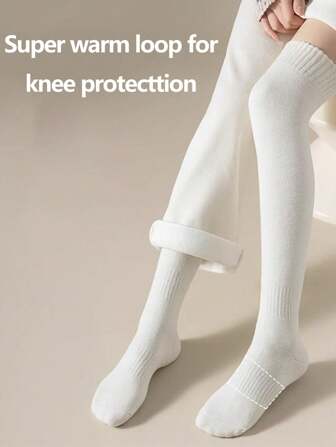 1 par de calcetines hasta el muslo de mujer de unicolor tejidos, protector de rodillas cálido, grueso y cómodo, versátil clásico, adecuado para primavera/otoño, invierno, deportes, fiestas, uso en el hogar