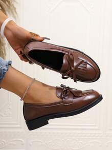 Women's Plus Size Bow Decor Flatform Matte Leather Loafers - Brown - View 6