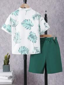 2 件套男童树叶印花爷爷领衬衫和纯色休闲短裤夏季服装 - 彩色 - 查看 2
