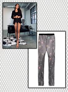 Pantalones Leggings Medias con Diseño de Diamante de Imitación de Malla 1 Pieza - Negro - Ver 2